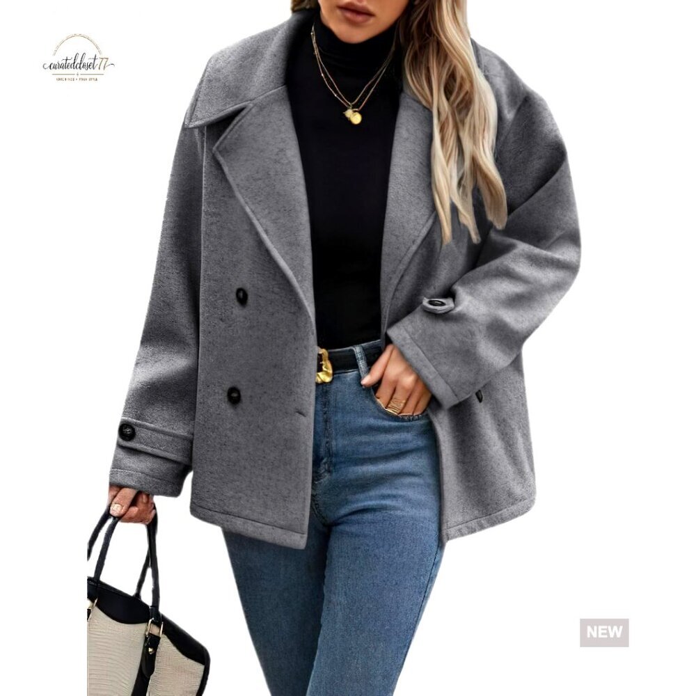 Loose Fit Cropped Wool Pea Coat Double Breasted Blazer Jacket